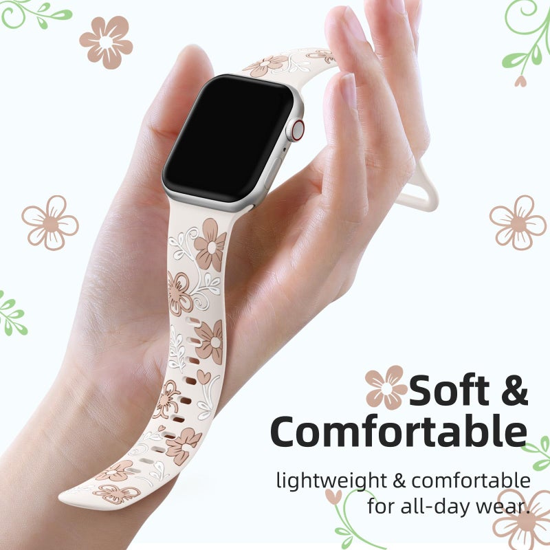 Witzon Floral Band Compatible with Apple Watch Bands For Women 41mm 40mm 38mm 42mm 44mm 45mm 46mm 49mm, Engraved Cute Flower Soft Silicone Strap for iWatch Series 11 10 9 8 7 6 5 4 3 2 1 SE Ultra - Image 3