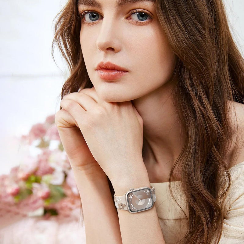 Witzon Floral Band Compatible with Apple Watch Bands For Women 41mm 40mm 38mm 42mm 44mm 45mm 46mm 49mm, Engraved Cute Flower Soft Silicone Strap for iWatch Series 11 10 9 8 7 6 5 4 3 2 1 SE Ultra - Image 5