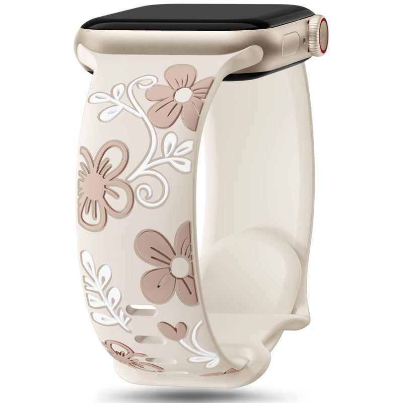 Witzon Floral Band Compatible with Apple Watch Bands For Women 41mm 40mm 38mm 42mm 44mm 45mm 46mm 49mm, Engraved Cute Flower Soft Silicone Strap for iWatch Series 11 10 9 8 7 6 5 4 3 2 1 SE Ultra - Image 1