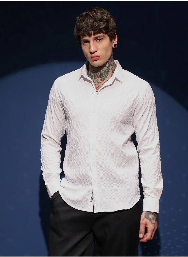 كامبوس سوترا Men's Daisy White Embossed Geometric Shirt For Casual Wear | Spread Collar | Long Cuffed Sleeves | Button Closure | Shirt Crafted With Comfort Fit For Everyday Wear