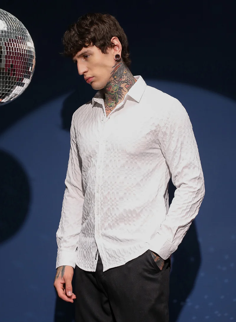 Campus Sutra Men's Daisy White Embossed Geometric Shirt For Casual Wear | Spread Collar | Long Cuffed Sleeves | Button Closure | Shirt Crafted With Comfort Fit For Everyday Wear