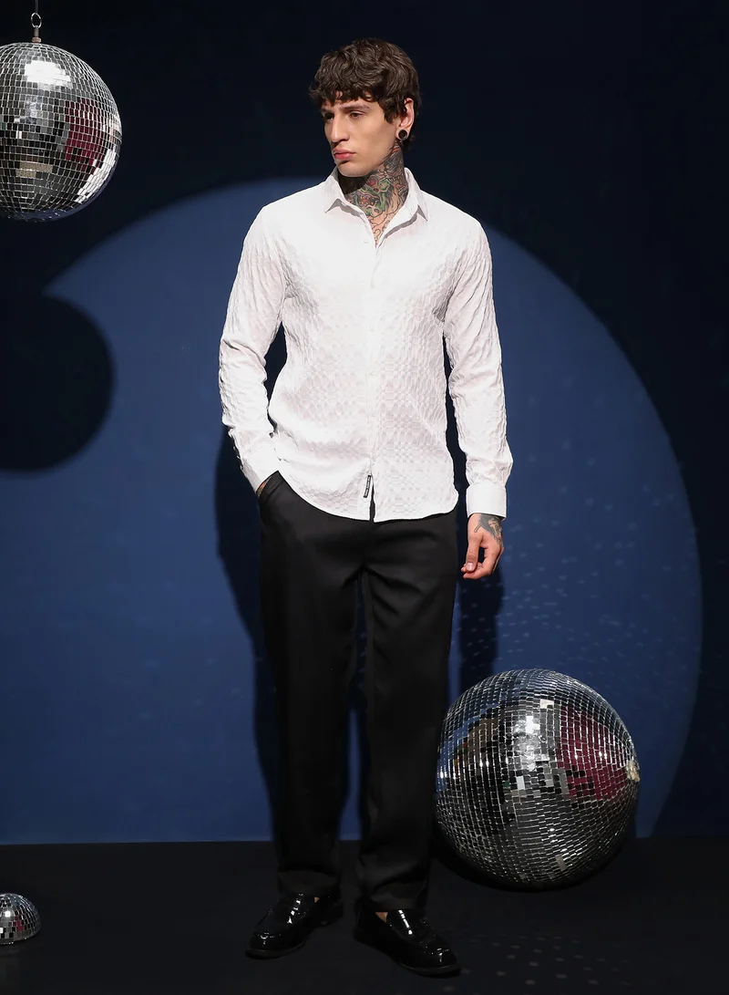 Campus Sutra Men's Daisy White Embossed Geometric Shirt For Casual Wear | Spread Collar | Long Cuffed Sleeves | Button Closure | Shirt Crafted With Comfort Fit For Everyday Wear