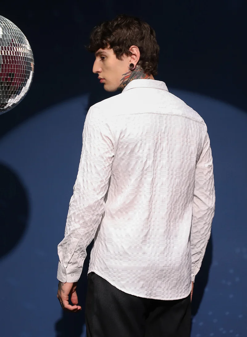 Campus Sutra Men's Daisy White Embossed Geometric Shirt For Casual Wear | Spread Collar | Long Cuffed Sleeves | Button Closure | Shirt Crafted With Comfort Fit For Everyday Wear