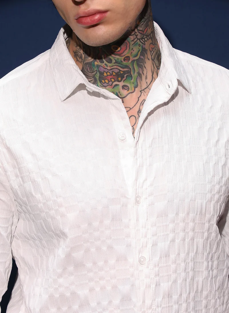 Campus Sutra Men's Daisy White Embossed Geometric Shirt For Casual Wear | Spread Collar | Long Cuffed Sleeves | Button Closure | Shirt Crafted With Comfort Fit For Everyday Wear