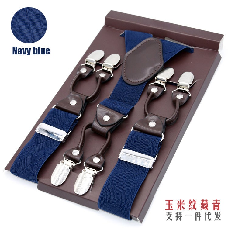Mens Elastic Suspenders Six-Clip SetCorn grain-navy blue Corn grain-navy blue 
