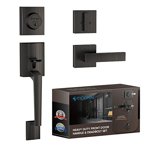 TICONN Front Door Handle Set, Heavy Duty Square Door Lever & Single Cylinder Deadbolt Combo Reversible for Entrance Exterior Doors (Oil Rubbed Bronze) - Image 1