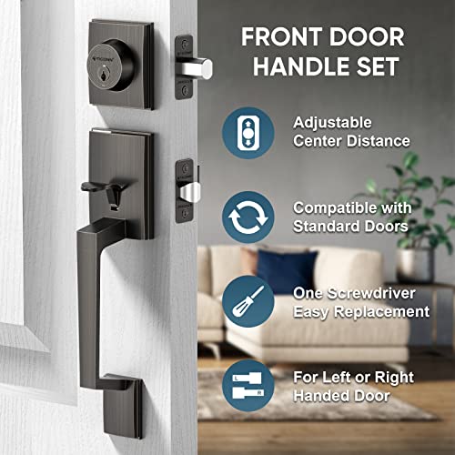 TICONN Front Door Handle Set, Heavy Duty Square Door Lever & Single Cylinder Deadbolt Combo Reversible for Entrance Exterior Doors (Oil Rubbed Bronze) - Image 3