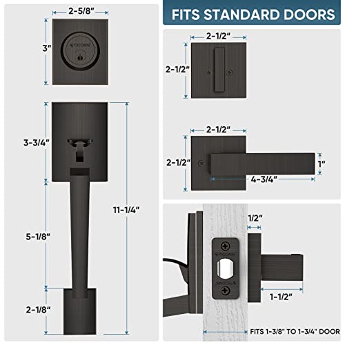 TICONN Front Door Handle Set, Heavy Duty Square Door Lever & Single Cylinder Deadbolt Combo Reversible for Entrance Exterior Doors (Oil Rubbed Bronze) - Image 5