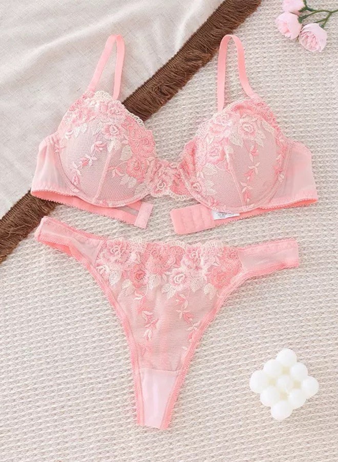 Lace Design Bra Panty Set Pink Size S
