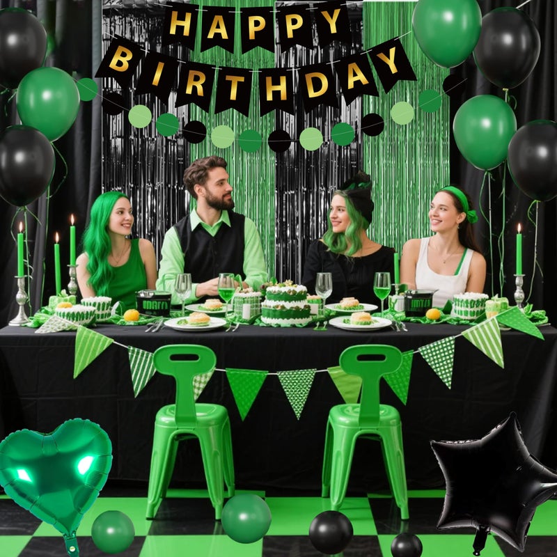 jenmir Black And Green Birthday Decorations for Men,Fringe Curtains Happy Birthday Banner,Red balloons,Cake Toppers for Boys - Image 5