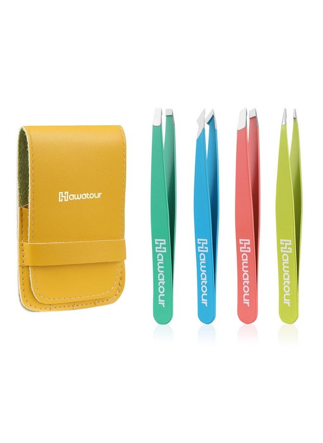 HAWATOUR Tweezers Set 4Pcs Eyebrows Tweezers With Leather Case For Women And Men Great Precision For Eyebrow Ingrown Hair Splinter Facial Hair Removal Multicolored  - Image 1