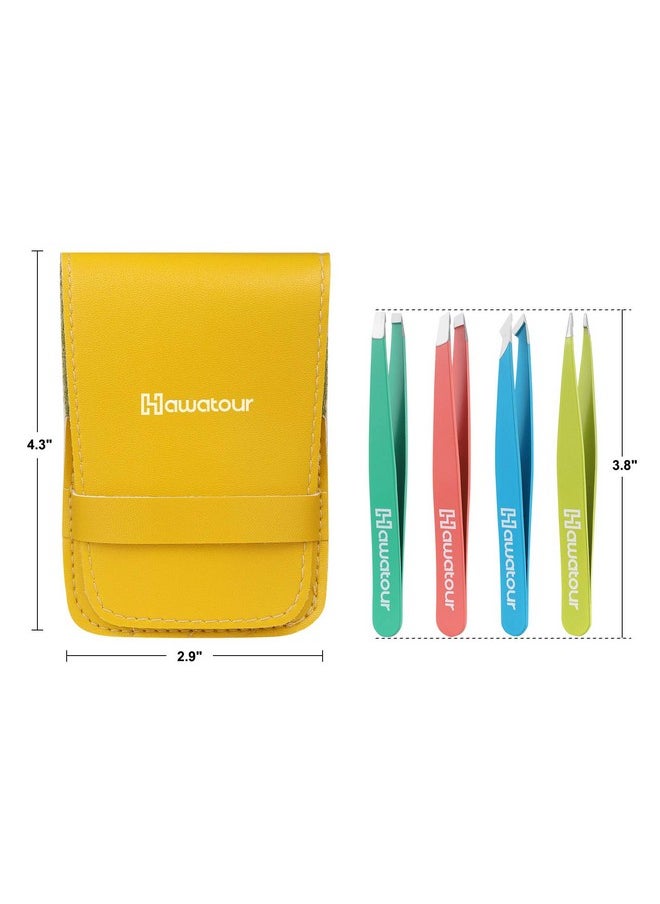 HAWATOUR Tweezers Set 4Pcs Eyebrows Tweezers With Leather Case For Women And Men Great Precision For Eyebrow Ingrown Hair Splinter Facial Hair Removal Multicolored  - Image 4