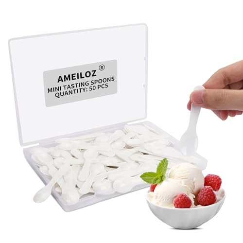 AMEILOZ 50PCS 3" Mini Tasting Spoons Tiny Plastic Taster Spoon for Yogurt Pudding Jello Shots Ice Cream, Extra Small Sample Micro Spoons (White) - Image 1
