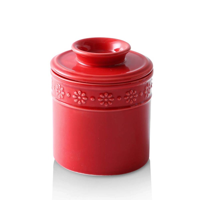 KOOV Ceramic Butter Crock Butter Keeper for Counter French Butter Dish Big Capacity Red