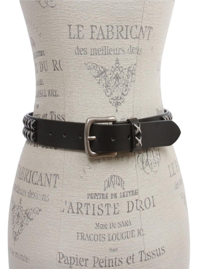 Beltiscool Snap On Two Row Punk Rock Star Distressed Black Studded Leather Belt, Black | 40" - Image 3