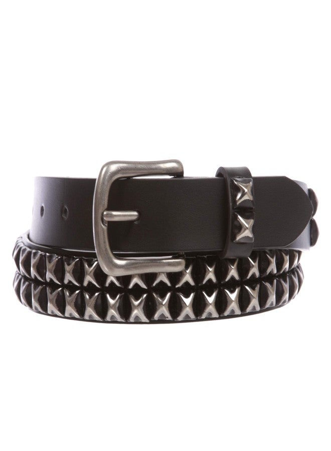Beltiscool Snap On Two Row Punk Rock Star Distressed Black Studded Leather Belt, Black | 40" - Image 1