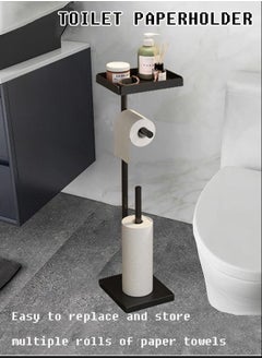 Black Floor Standing Toilet Paper Holder with Mobile Phone Holder + Freestanding Dispenser, Bathroom Toilet Vertical Paper Towel Roll Holder with Storage Rack