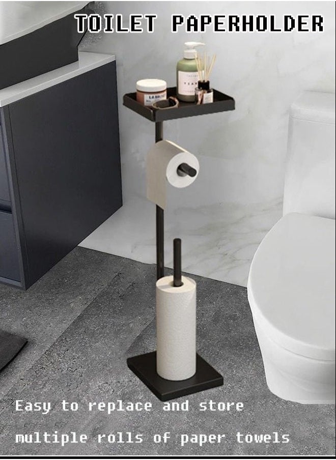 Generic - Black Floor Standing Toilet Paper Holder with Mobile Phone Holder + Freestanding Dispenser, Bathroom Toilet Vertical Paper Towel Roll Holder with Storage Rack - Image 1