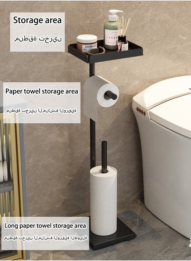 Generic - Black Floor Standing Toilet Paper Holder with Mobile Phone Holder + Freestanding Dispenser, Bathroom Toilet Vertical Paper Towel Roll Holder with Storage Rack - Image 1