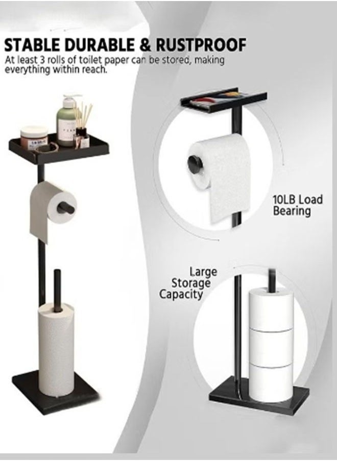 Generic - Black Floor Standing Toilet Paper Holder with Mobile Phone Holder + Freestanding Dispenser, Bathroom Toilet Vertical Paper Towel Roll Holder with Storage Rack - Image 1