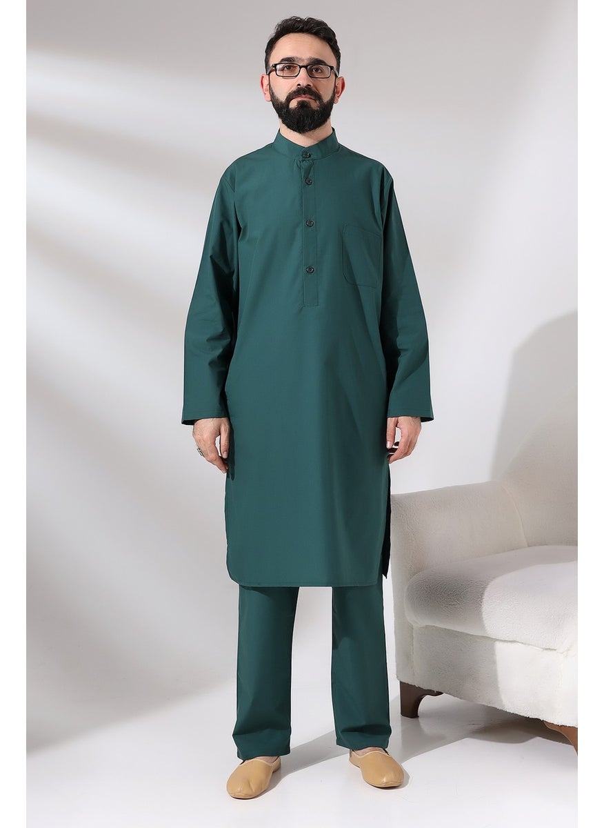 İhvan Online Men's Hajj and Umrah Outfit Double Bottom Top Afghan Set Green  - Image 1