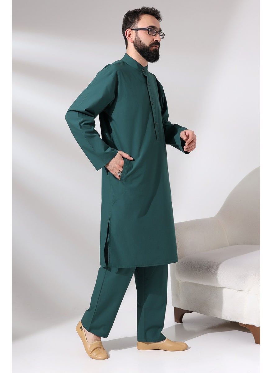 İhvan Online Men's Hajj and Umrah Outfit Double Bottom Top Afghan Set Green  - Image 2