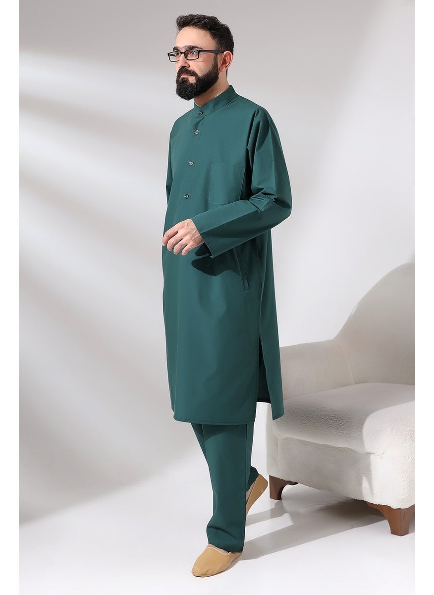 İhvan Online Men's Hajj and Umrah Outfit Double Bottom Top Afghan Set Green  - Image 3