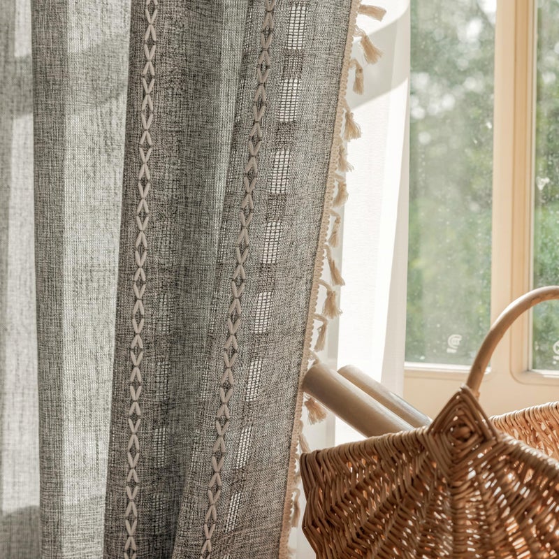 Deeprove Dark Gray Boho Curtain 84 inches Length for Living Room Bedroom Nursery, Bohemian 84 inches Long Art Deco Stripe Sheer Cotton Linen Charocoal Grey Emroidery with Tassel, W52xL84, 1 Panel - Image 1