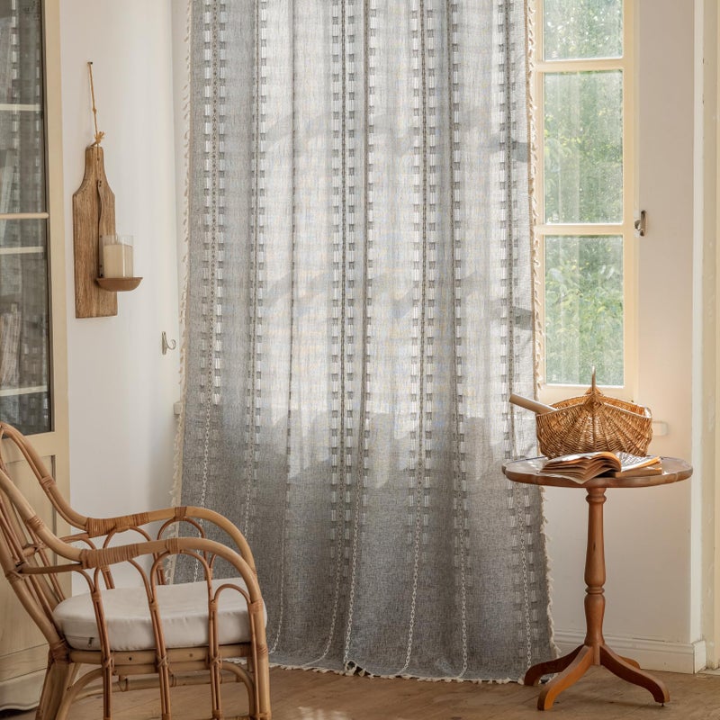 Deeprove Dark Gray Boho Curtain 84 inches Length for Living Room Bedroom Nursery, Bohemian 84 inches Long Art Deco Stripe Sheer Cotton Linen Charocoal Grey Emroidery with Tassel, W52xL84, 1 Panel - Image 2