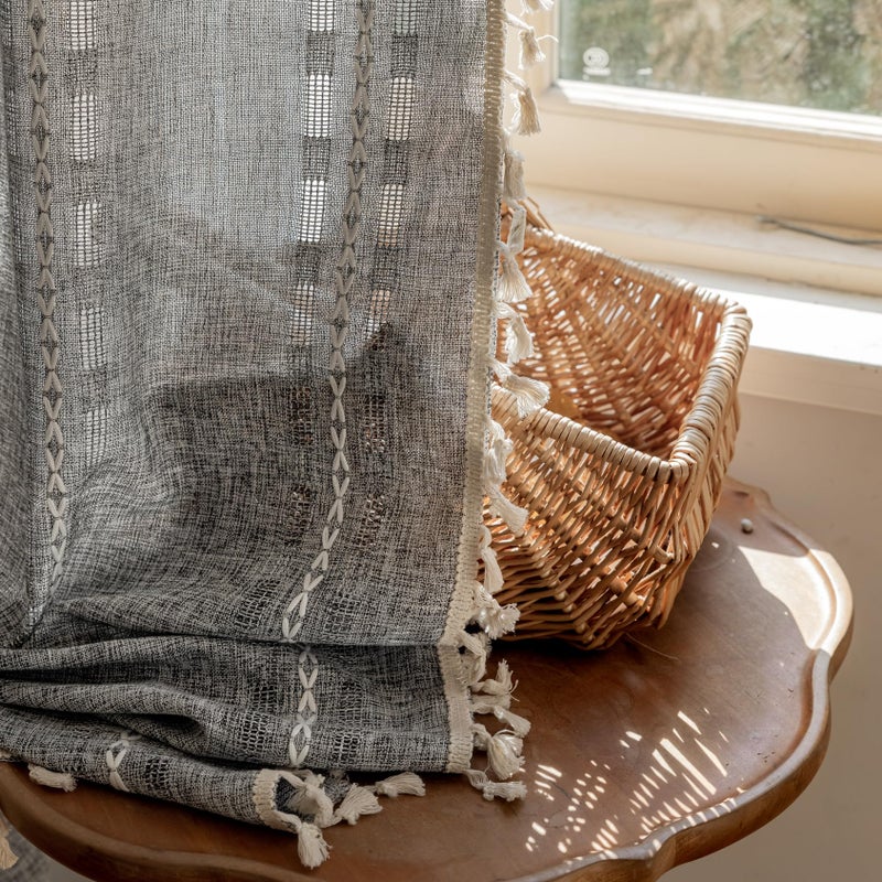 Deeprove Dark Gray Boho Curtain 84 inches Length for Living Room Bedroom Nursery, Bohemian 84 inches Long Art Deco Stripe Sheer Cotton Linen Charocoal Grey Emroidery with Tassel, W52xL84, 1 Panel - Image 5