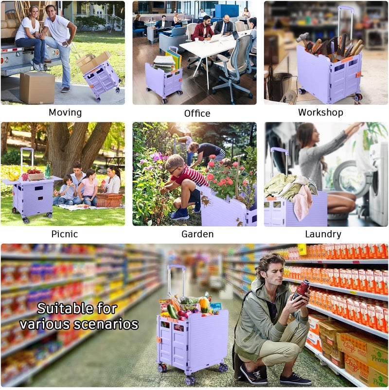SELORSS عربة متعددة الاستخدامات قابلة للطي، صندوق محمول قابل للطي بعجلات، سلة حمل بغطاء مغناطيسي وغطاء تلسكوبي، عجلة دوارة 360 درجة مقاومة للتآكل وهادئة، للاستخدام في التسوق والتخزين والمكتب - Image 3