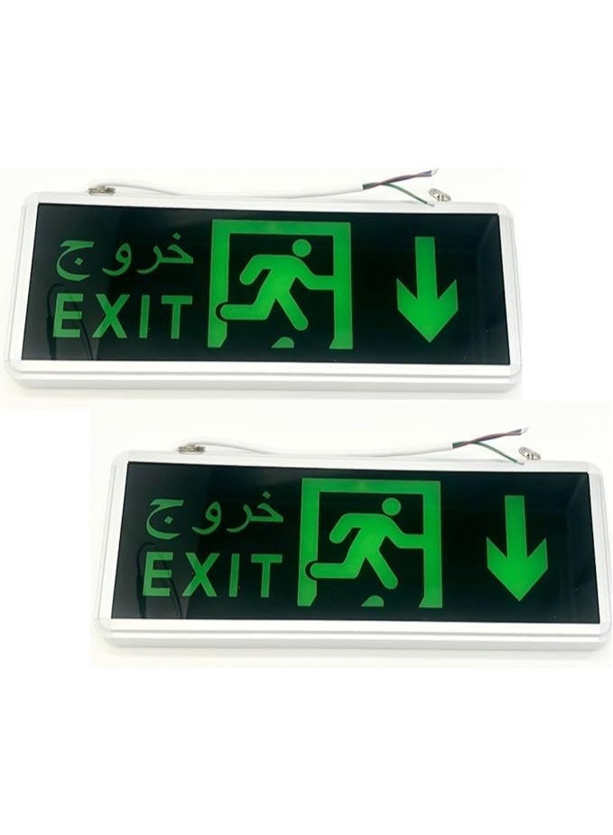 Double -Sided Led Emergency Exit Sign, Green LED, Arabic and English, Wall-Mounted, Directional Arrow, Commercial Safety Signage (DOWN ARROW LIGHT) (2Pc-Pack) - Image 1