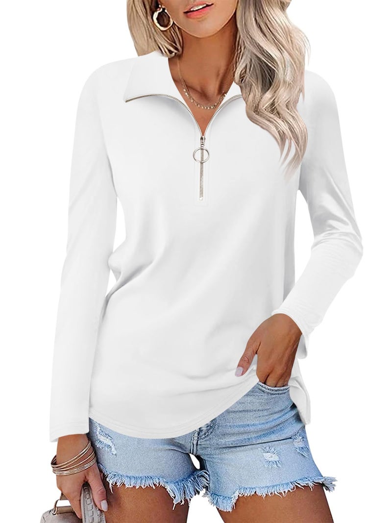 Minetom Womens Long Sleeve Tops V Neck Shirts Quarter Zip Pullover Collared Casual Tops Fall Clothes A White - Image 1