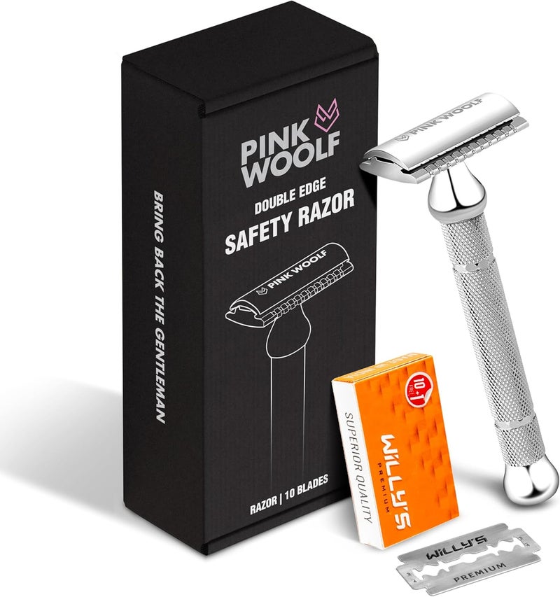 PINK WOOLF Safety Razor for Men, Double Edge Close Comb for Sensitive Skin, Daily Shave, Beginner Friendly Single Blade Metal Razor, CC87 Chrome with 10 Blades - Image 1