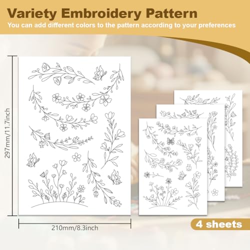 DOODLREAM 29Pcs Flower Vine Embroidery Pattern Stabilizer, 8.3"x11.7" Wildflowers Water Soluble Stick and Stitch Embroidery Sticker, 4 Sheets Floral Border Hand Sewing DIY Embroidery Paper - Image 2
