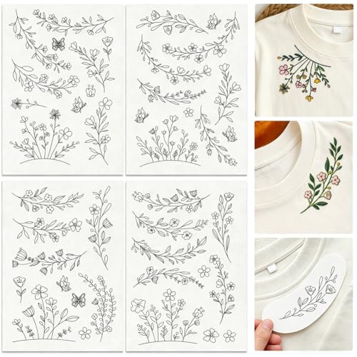 DOODLREAM 29Pcs Flower Vine Embroidery Pattern Stabilizer, 8.3"x11.7" Wildflowers Water Soluble Stick and Stitch Embroidery Sticker, 4 Sheets Floral Border Hand Sewing DIY Embroidery Paper - Image 1