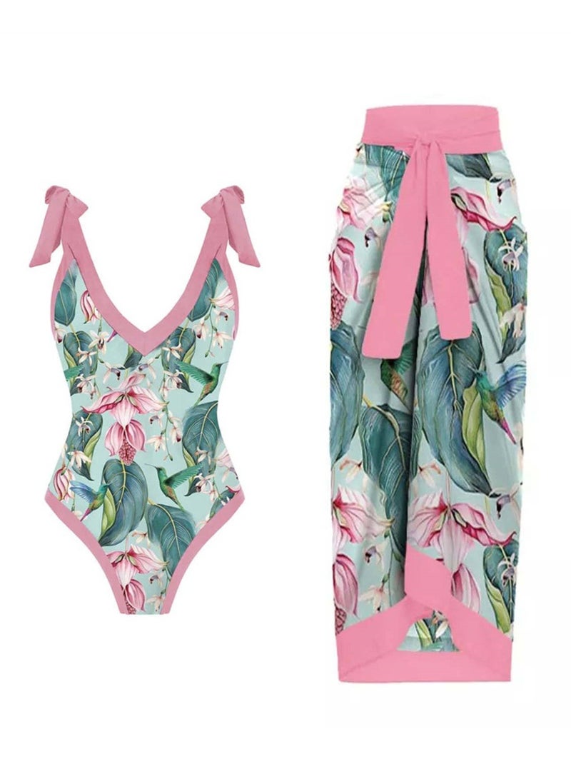 2pcs one piece swimsuit lace up swimsuit skirt swimsuit set - Image 1