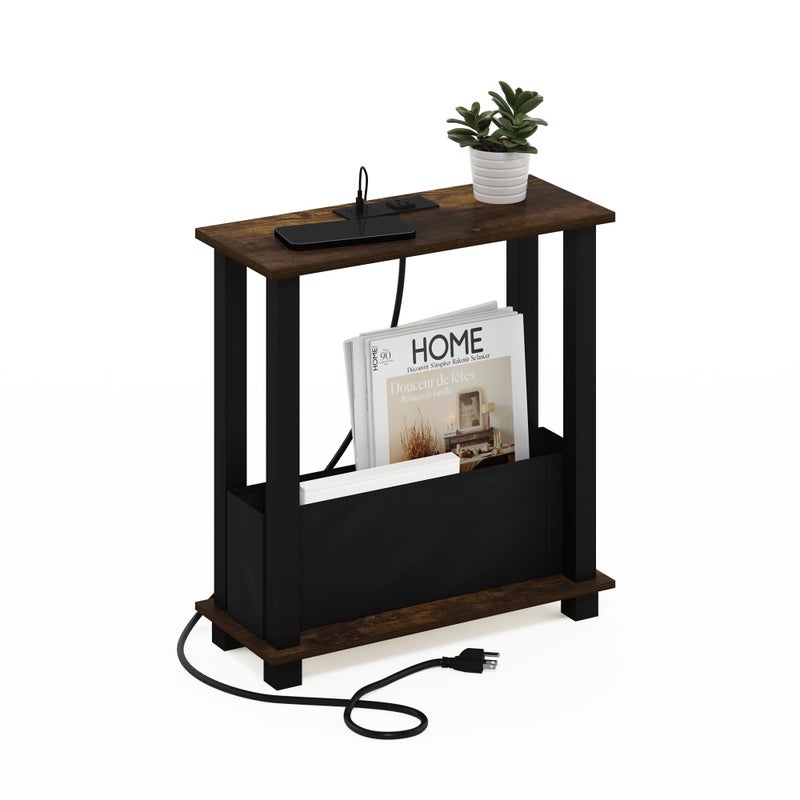 Furinno TurnSTube 2Tier Slim Side Table End Table with Bin Drawer USB and TypeC Charging Port Amber PineBlackBlack