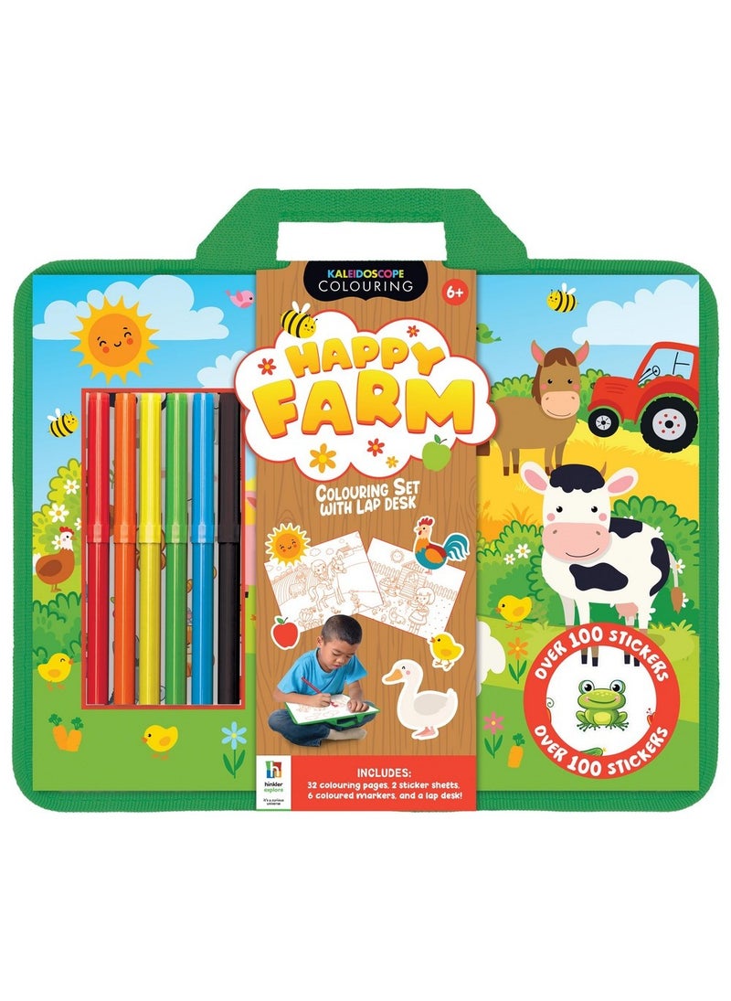 Hinkler Farm Colouring Set with Lap Desk - DIY Farm Animal Colouring Kit includes 32 page colouring book, 2 sticker sheets, 6 coloured markers, and a portable lap desk, Farm-Themed Art Set, Gift for Young Artists - Image 1