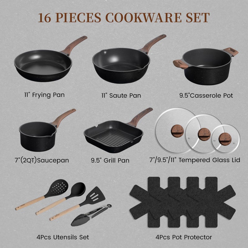 Kikcoin 16Pcs Pots and Pans Set Nonstick Ceramic Cookware Sets Induction Kitchen Cooking Set Non toxic Healthy Non Stick w/Grill Pan, Saute Pan, Black - Image 2