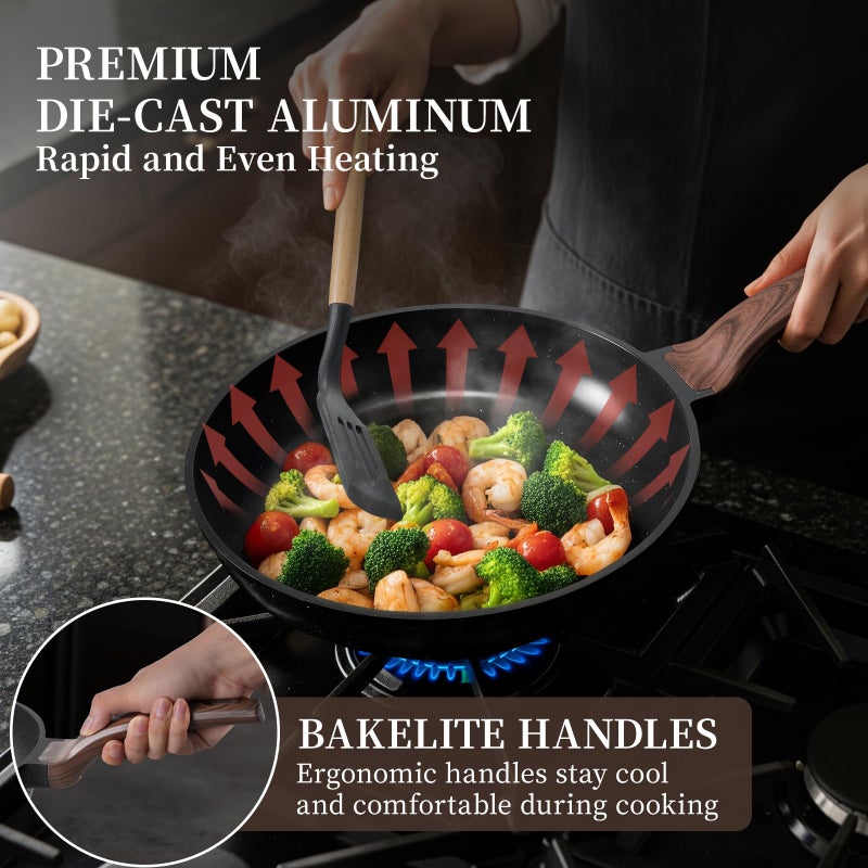 Kikcoin 16Pcs Pots and Pans Set Nonstick Ceramic Cookware Sets Induction Kitchen Cooking Set Non toxic Healthy Non Stick w/Grill Pan, Saute Pan, Black - Image 5