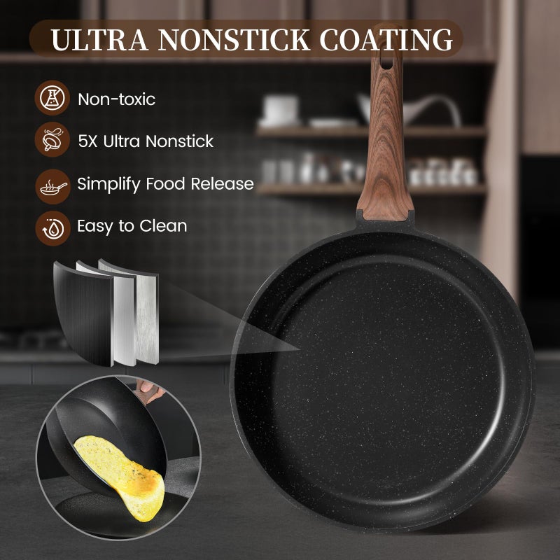 Kikcoin 16Pcs Pots and Pans Set Nonstick Ceramic Cookware Sets Induction Kitchen Cooking Set Non toxic Healthy Non Stick w/Grill Pan, Saute Pan, Black - Image 3
