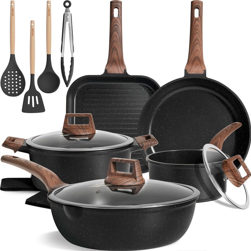 Kikcoin 16Pcs Pots and Pans Set Nonstick Ceramic Cookware Sets Induction Kitchen Cooking Set Non toxic Healthy Non Stick w/Grill Pan, Saute Pan, Black - Image 1