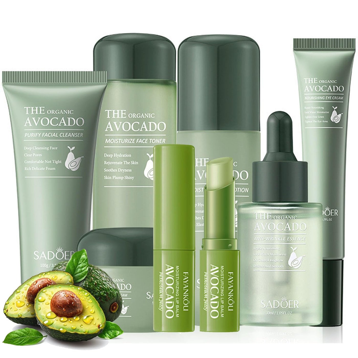7pcs Avocado Skincare Kit Skin Care Gift Set with Facial Cleanser Toner Lotion Face Serum Face Cream Eye Cream Lip Balm For Hydrating Skin AntiAging Skin For Women Teen Girls 7 Count