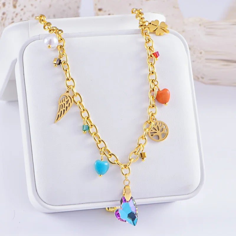 سلسلة استانليس ستيل ذهبي مع دلاية شكل قلب بألوان متعددة - Image 2