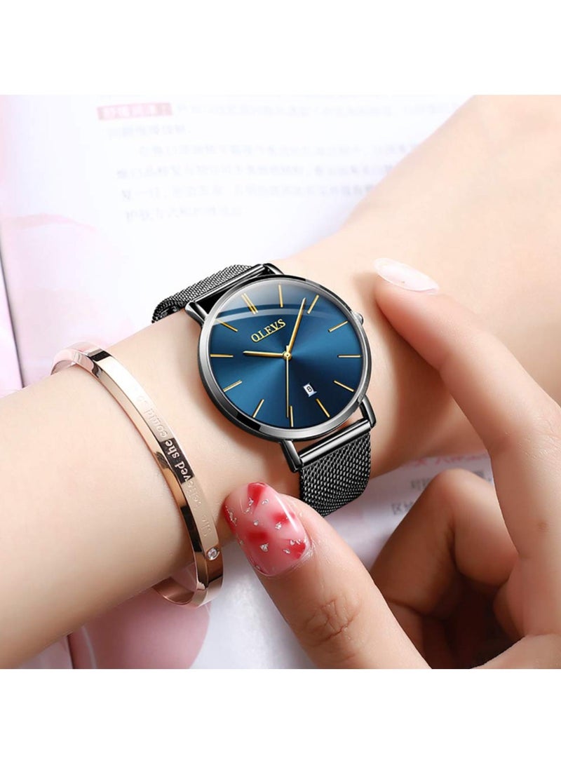 أوليفز ساعة نسائية فاخرة باللون الذهبي الوردي، ساعة رفيعة وخفيفة الوزن من الفولاذ المقاوم للصدأ، ساعة يد نسائية أنيقة مقاومة للماء باللون الأسود والأبيض والأزرق، سوار قابل للتعديل - Image 2