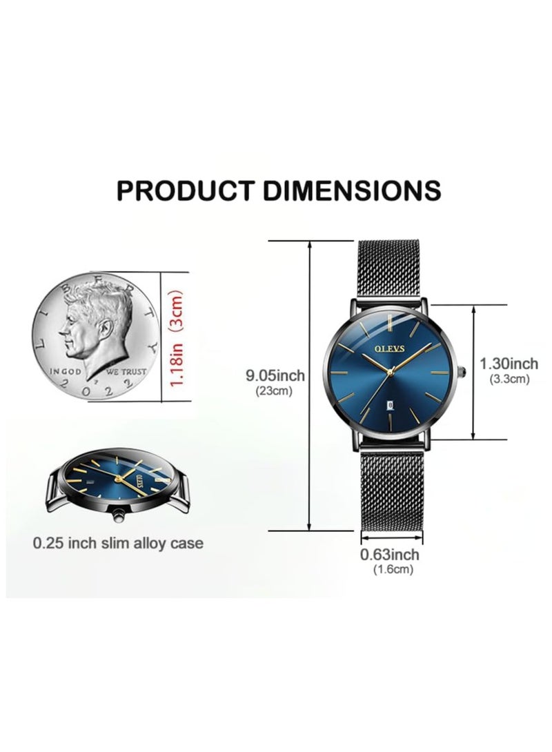 أوليفز ساعة نسائية فاخرة باللون الذهبي الوردي، ساعة رفيعة وخفيفة الوزن من الفولاذ المقاوم للصدأ، ساعة يد نسائية أنيقة مقاومة للماء باللون الأسود والأبيض والأزرق، سوار قابل للتعديل - Image 3