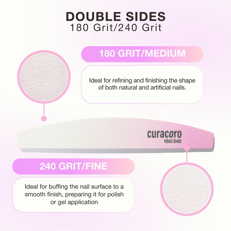 Curacoro 10 PCS Nail File - Professional Half-Moon Nail Files Double Sided Emery Board (180/240 Grit), Washable Nail Files and Buffers, Smooths & Shapes Nails, Manicure & Pedicure Buffing Tools - Image 3