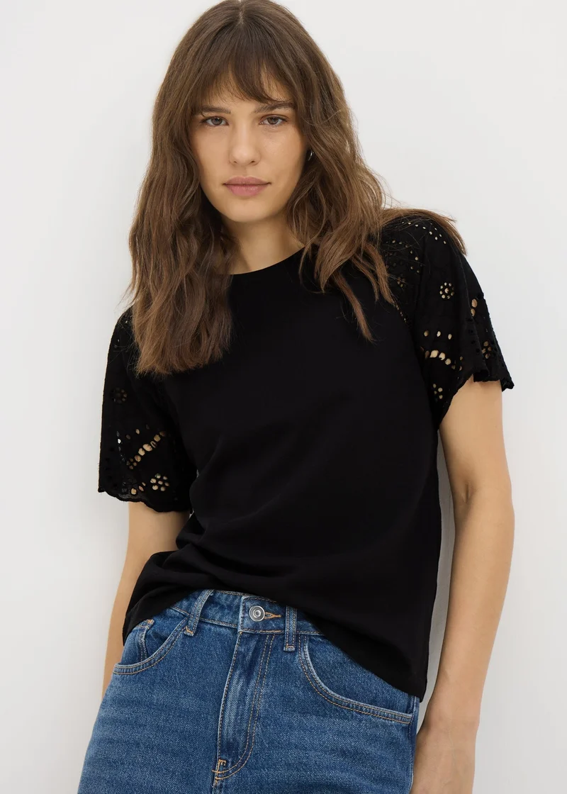 Matalan Black Broderie Raglan Sleeve T-Shirt