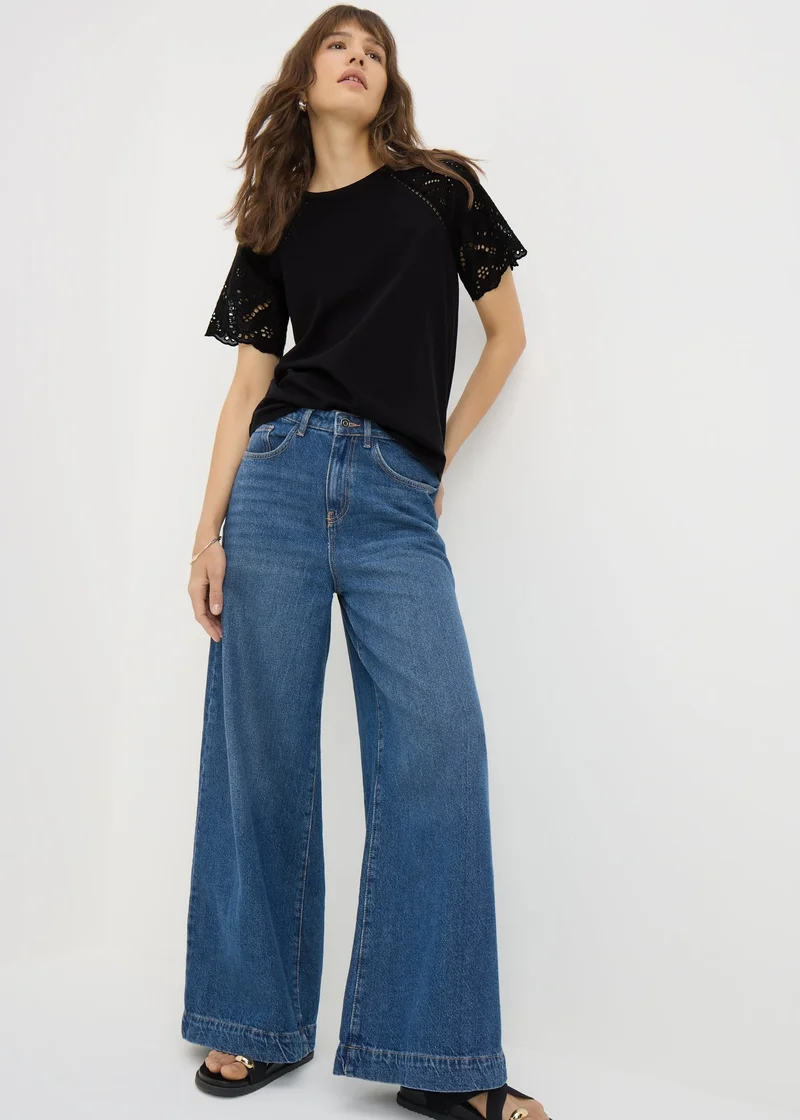 Matalan Black Broderie Raglan Sleeve T-Shirt